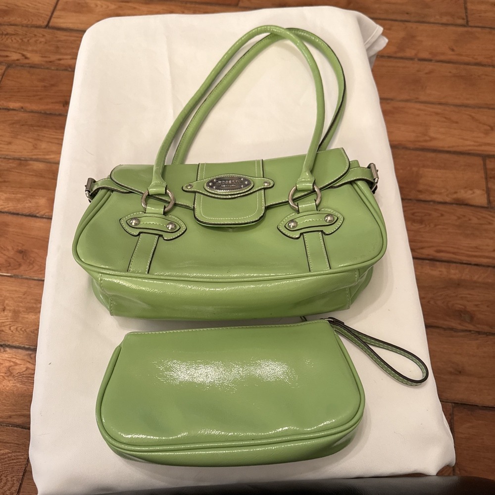 Rossetti Faux Leather Leaf Green Shoulder Bag Hand Bag Satchel w/ Bonus Wallet